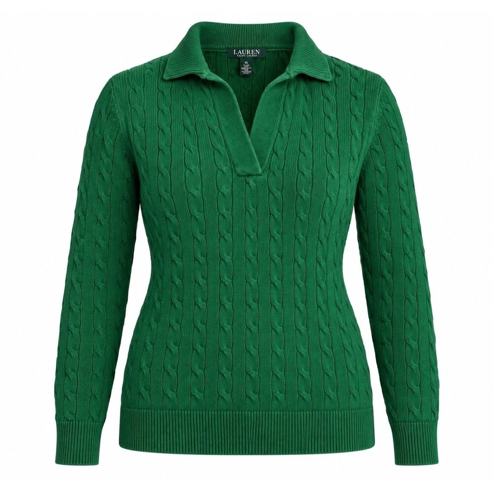 Preppy Cable Knit Collared Sweater Green Lauren Ralph Lauren Women’s XL